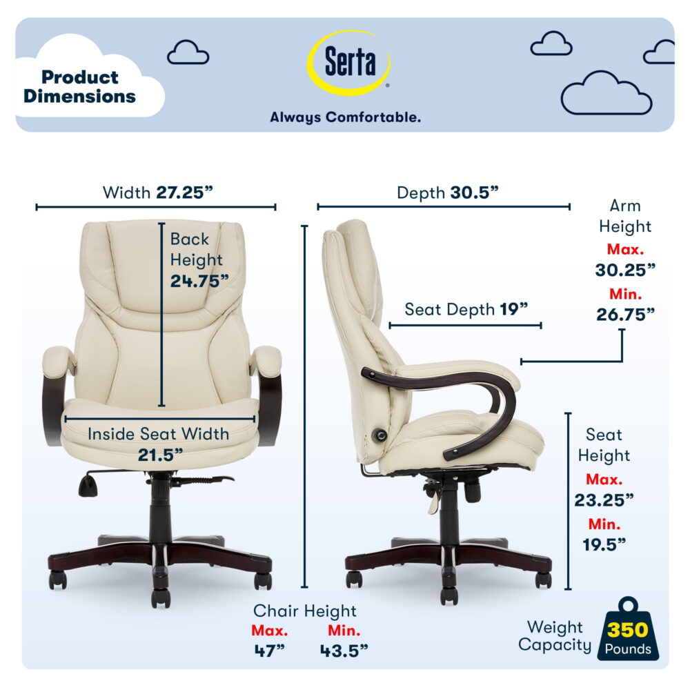 Serta Conway Big and Tall Executive Office Chair with Wood Accents Ivory White - Image 3