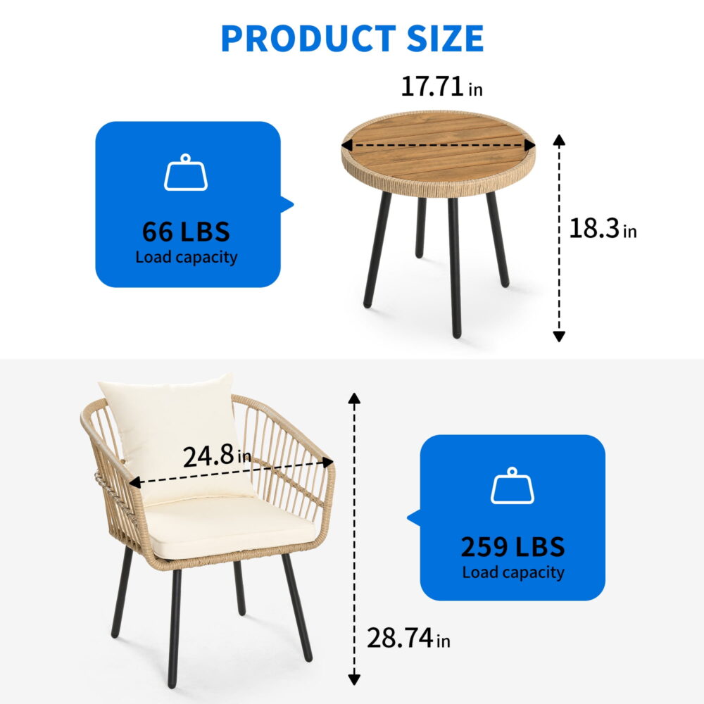 Dextrus 3 Piece Outdoor Wicker Furniture Patio Bistro Set, PE Rattan Wicker Chairs Set with Table and Cushions, Porch Balcony Furniture Set for Porch Backyard Pool, Beige - Image 4