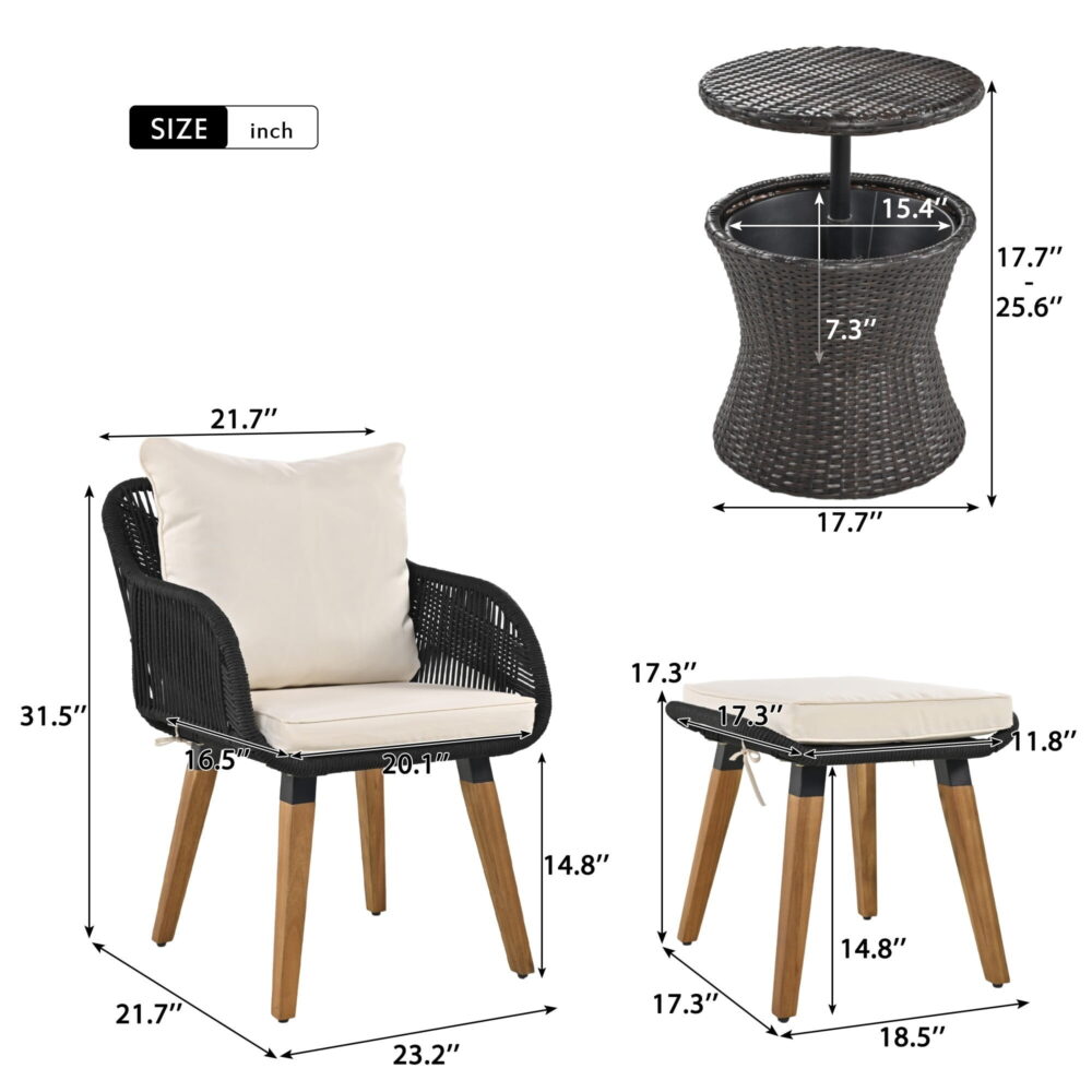 AENKYO 5-Piece Rope Patio Furniture Set with Wicker Pop-Up Cooler Table, Cushioned Chairs & Ottomans, Black - Image 2