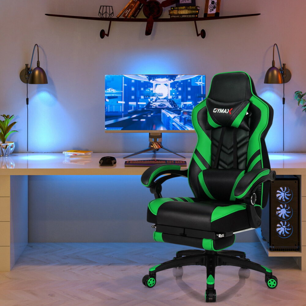 Gymax Office Computer Desk Chair Gaming Chair Adjustable Swivel w/Footrest Green - Image 7