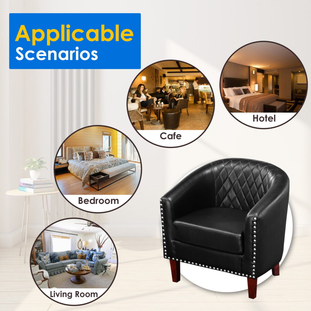 TrumanPick Accent Chair, Comfy Barrel Chair Set of 2 Faux Leather Cozy Reading Armchair for Living Room, Black - Image 2