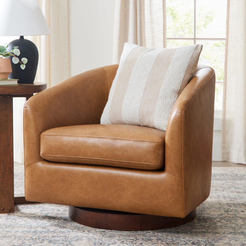 Better Homes & Gardens Bradford Wooden Base Swivel Accent Chair, Chestnut Faux Leather - Image 3