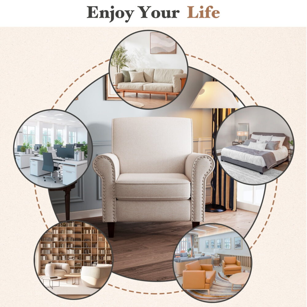 TrumanPick Linen Accent Chairs Upholstered Armchair with Nail-Head Trim Cozy Arm Chair for Living Room Bedroom,Beige - Image 4