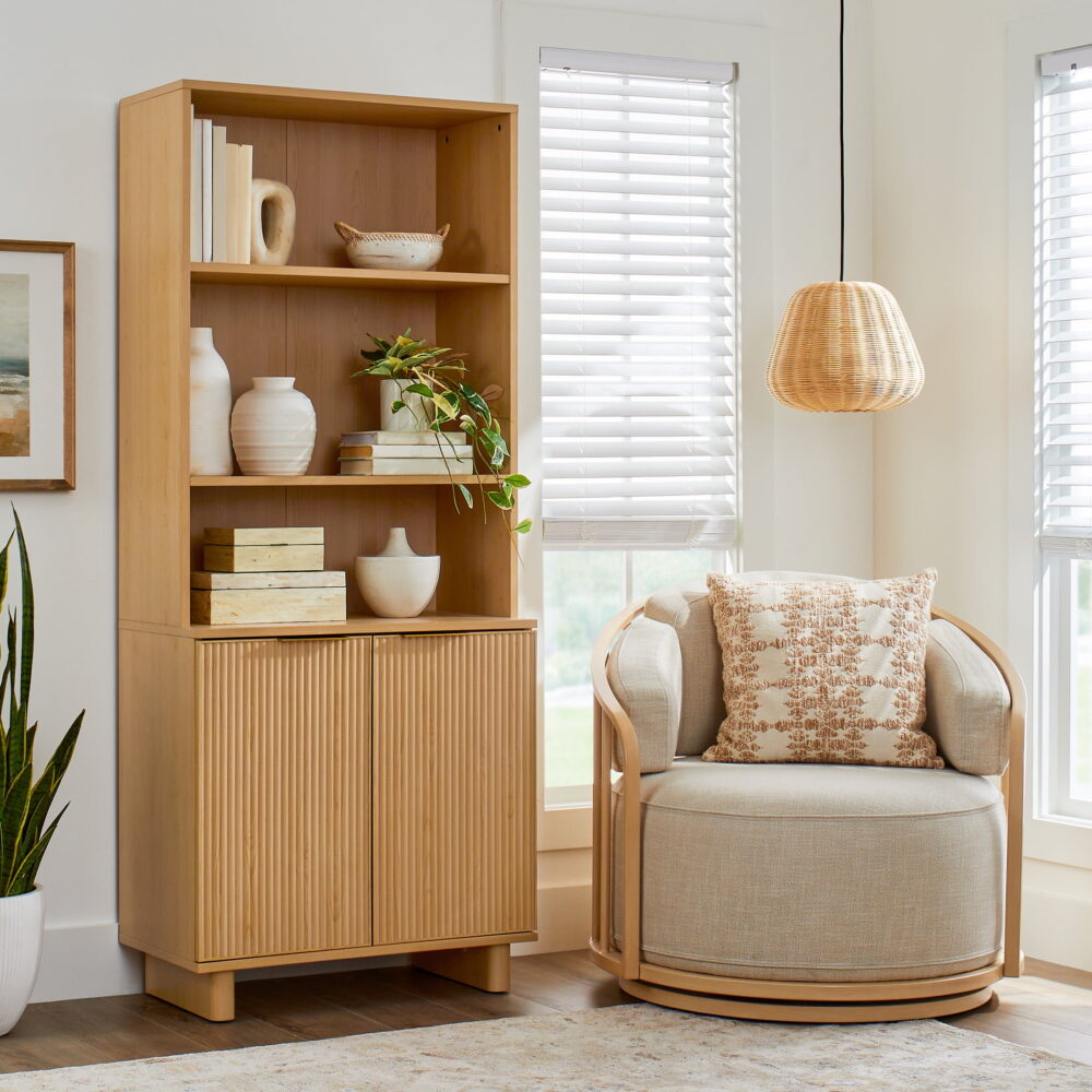 Better Homes & Gardens Lillian Fluted Bookcase with Doors, Natural Pine Finish - Image 2