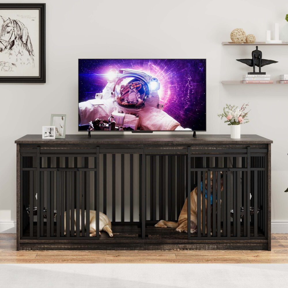 Uforic 71-Inch Farmhouse TV Stand for TVs up to 65",Heavy Duty Dog Crate Furniture with 4 Dog Bowl - Black - Image 2