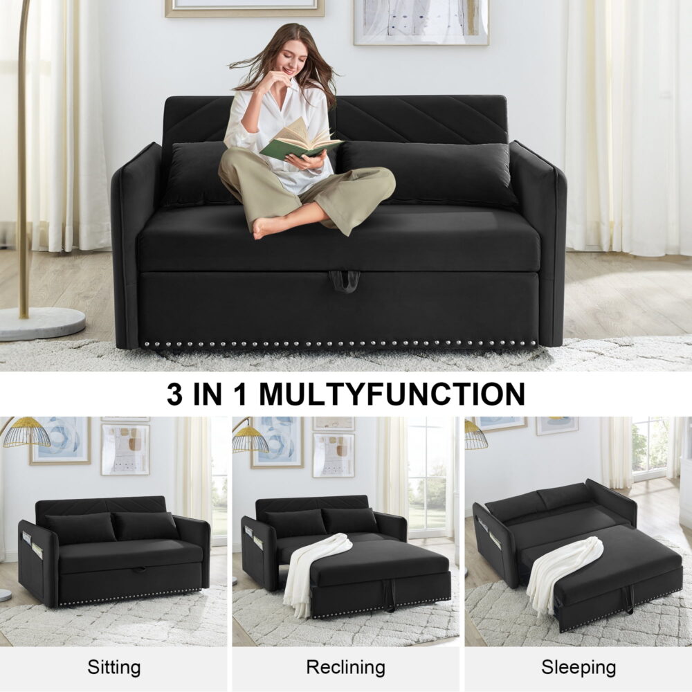 Aukfa 3 in 1 Convertible Sleeper Sofa Bed with 2 Pillows & USB Port, 55" Velvet Loveseat Sofa, Black - Image 4