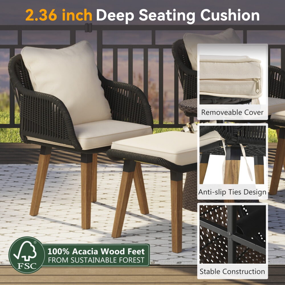 AENKYO 5-Piece Rope Patio Furniture Set with Wicker Pop-Up Cooler Table, Cushioned Chairs & Ottomans, Black - Image 5