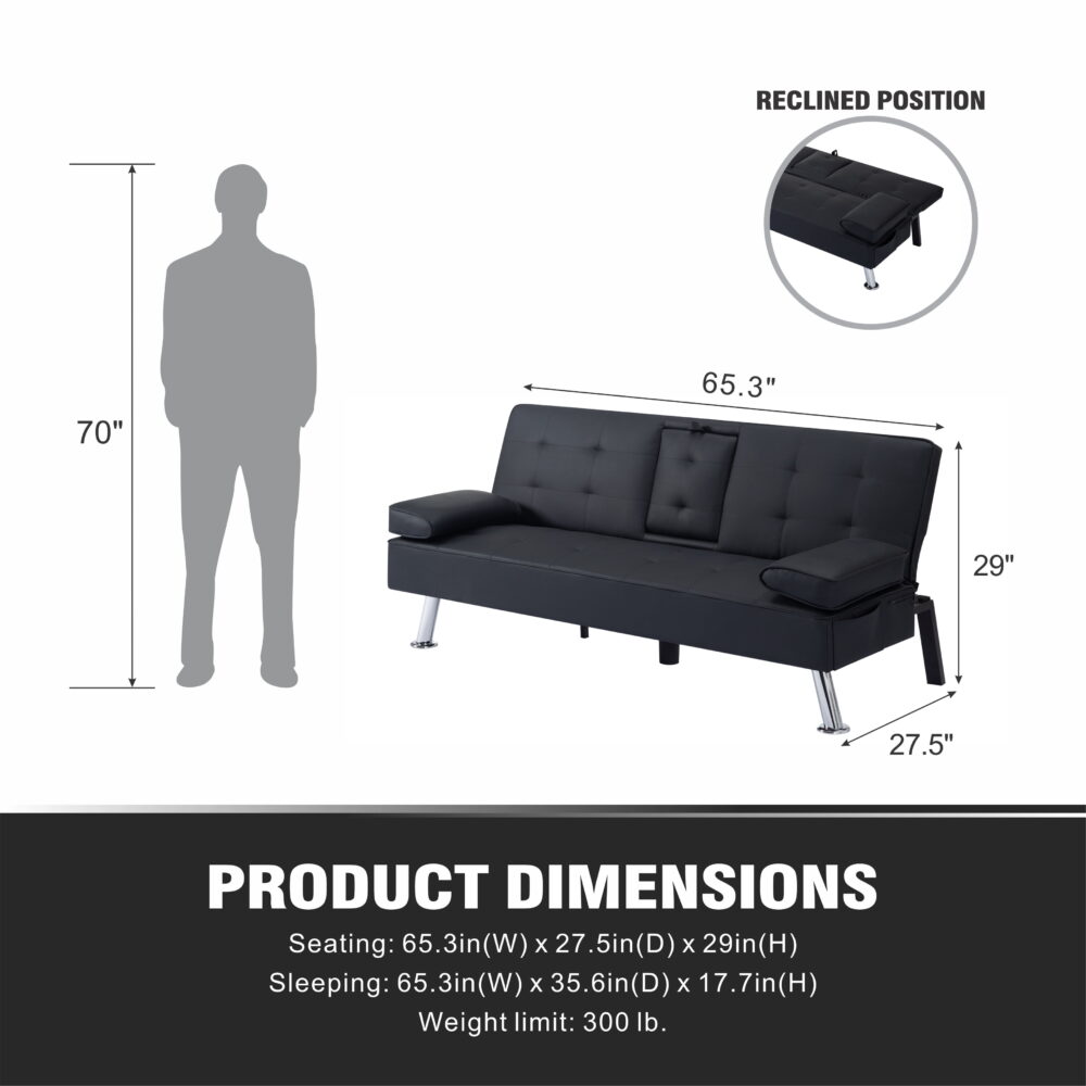 Gewnee Modern Futon Sleeper Sofa Bed Convertible Folding Recliner Couch Furniture with 2 Cup Holders for Livin g Room - Image 3