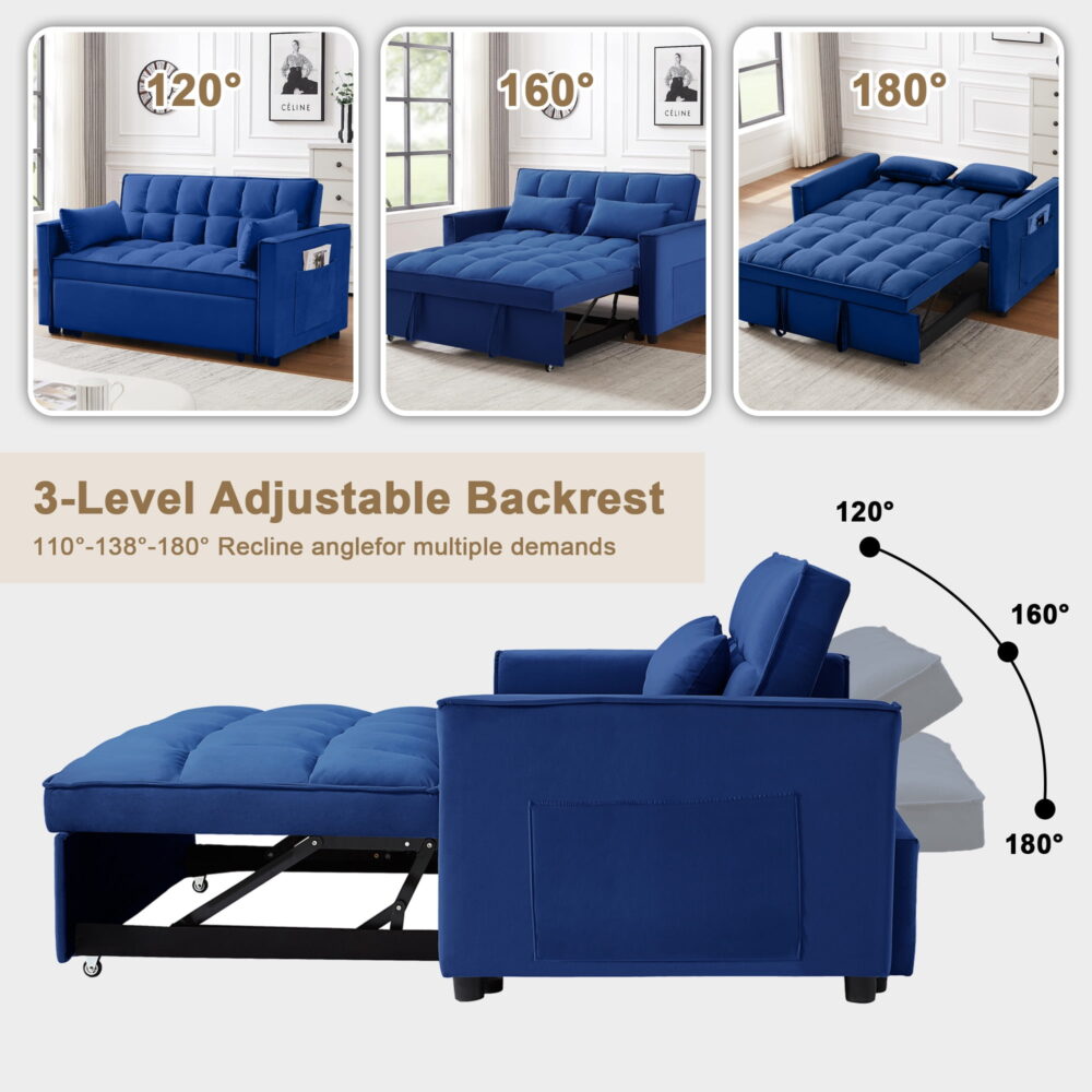 Momspeace Loveseat Convertible Sleeper Sofa Bed, Blue - Image 2