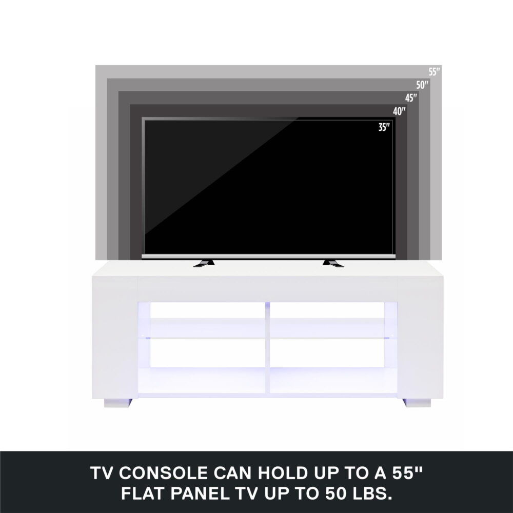 NTense LED TV Stand with Glass Shelves for TVs up to 55", White Gloss - Image 6