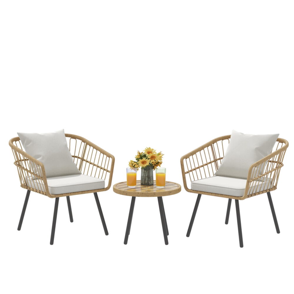 Dextrus 3 Piece Outdoor Wicker Furniture Patio Bistro Set, PE Rattan Wicker Chairs Set with Table and Cushions, Porch Balcony Furniture Set for Porch Backyard Pool, Beige - Image 3