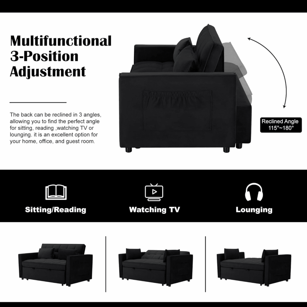 Gewnee 54" Modern Convertible Velvet Futon Sofa Bed with Pull-Out Bed,Sleeper Loveseat Sofa Couch with Adjsutable Backrest For Living Room,Office (Black) - Image 2