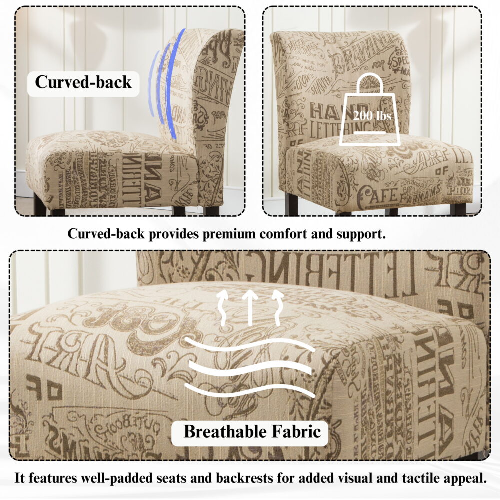 Roundhill Furniture Capa Print Fabric Armless Contemporary Accent Chair, Chalkboard Light Print - Image 2