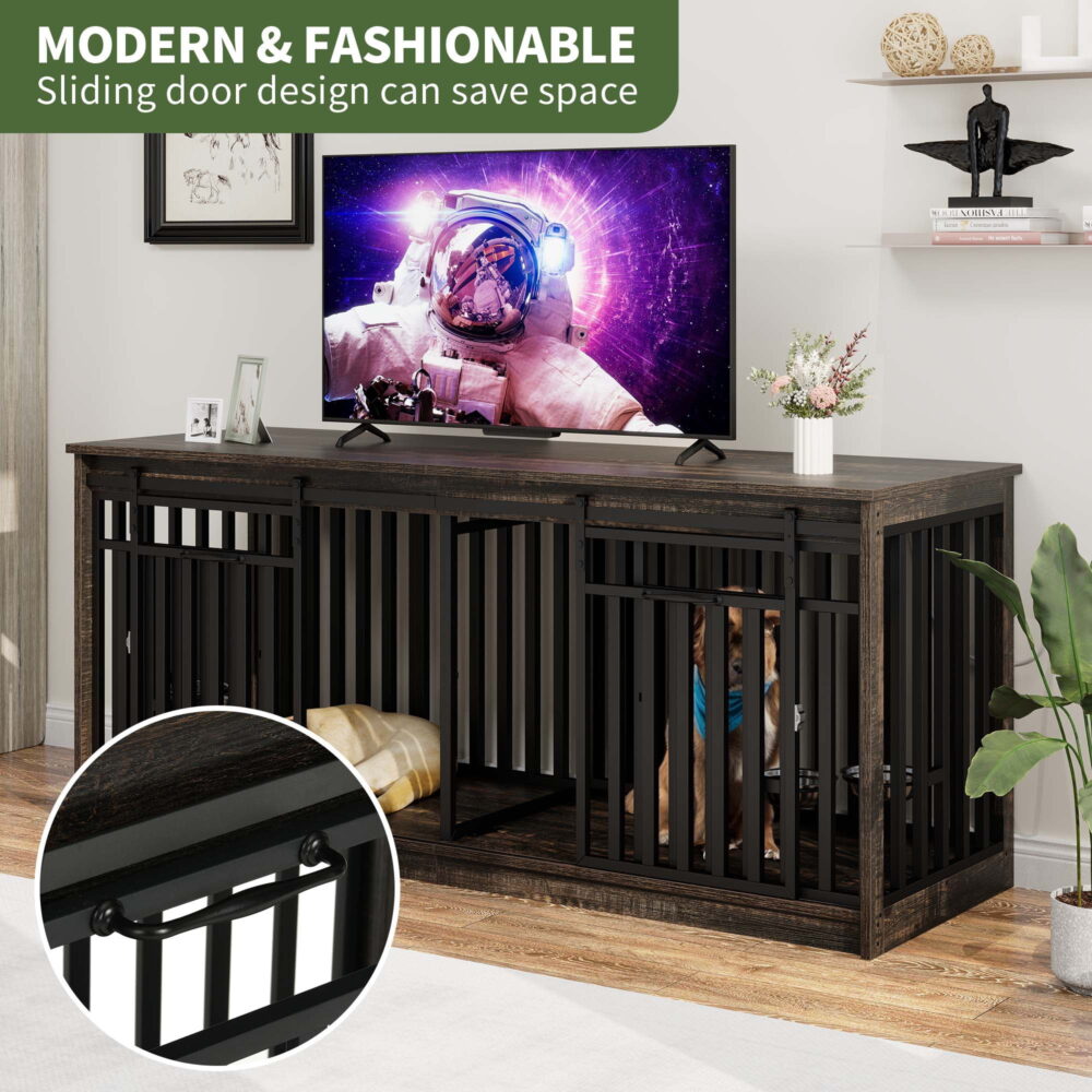 Uforic 71-Inch Farmhouse TV Stand for TVs up to 65",Heavy Duty Dog Crate Furniture with 4 Dog Bowl - Black - Image 5