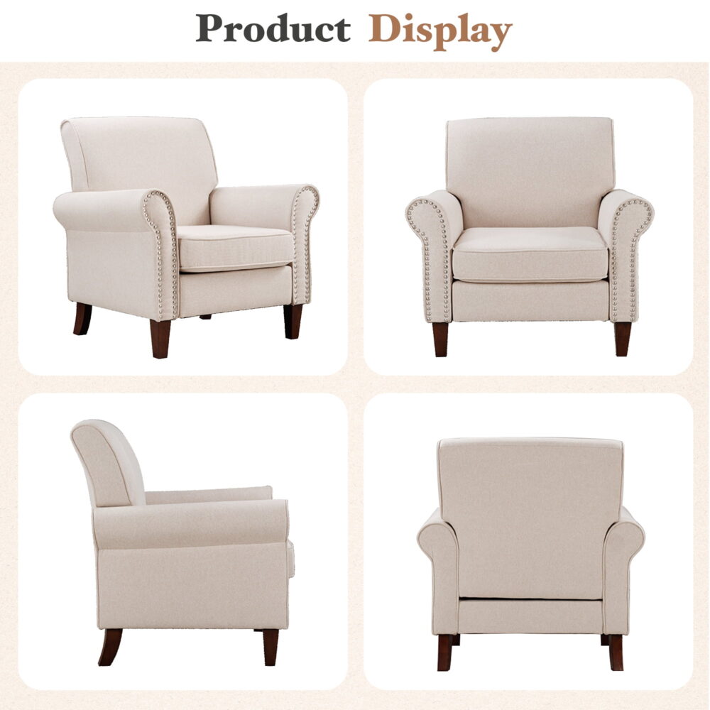 TrumanPick Linen Accent Chairs Upholstered Armchair with Nail-Head Trim Cozy Arm Chair for Living Room Bedroom,Beige - Image 3
