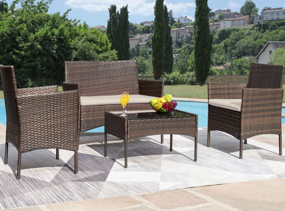Vineego 4 Pieces Outdoor Patio Furniture Sets Conversation Sets Rattan Chair Wicker Sets with Cushioned Tempered Glass - Image 6